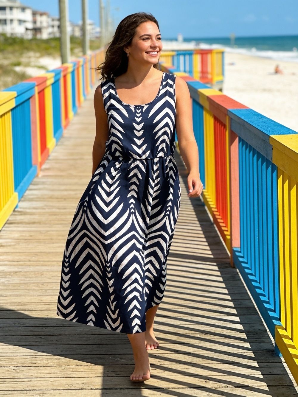 Blue & White Print Midi Dress Sleeveless | Pockets | Lightweight Size XXL - Picture 3 of 5